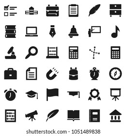 Flat vector icon set - book vector, copybook, graduate hat, pen, school building, blackboard, case, backpack, telescope, microscope, bell, calculator, notebook pc, alarm clock, clipboard, compass