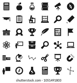 Flat vector icon set - book vector, graduate hat, pen, university, pencil, school building, blackboard, student, apple fruit, atom, telescope, table lamp, calculator, notebook pc, clipboard, compass