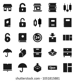 Flat vector icon set - book vector, copybook, archive, japanese candle, office, umbrella, package, unlock, mailbox, open, 24 hour, catalog, window