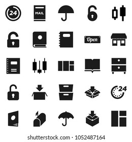 Flat vector icon set - book vector, copybook, archive, japanese candle, office, umbrella, package, unlock, mailbox, open, 24 hour, catalog, window