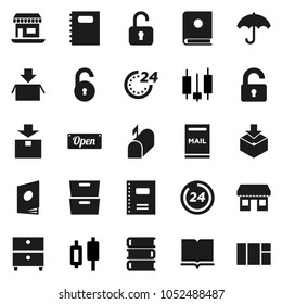 Flat vector icon set - book vector, copybook, archive, japanese candle, office, umbrella, package, unlock, mailbox, open, 24 hour, catalog, window