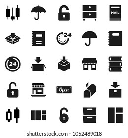 Flat vector icon set - book vector, copybook, archive, japanese candle, office, umbrella, package, unlock, mailbox, open, 24 hour, window