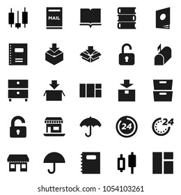 Flat vector icon set - book vector, copybook, archive, japanese candle, office, umbrella, package, mailbox, unlock, 24 hour, catalog, window