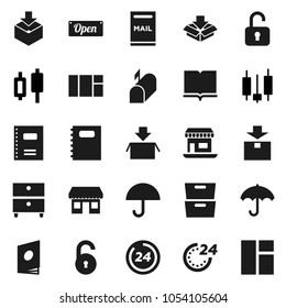 Flat vector icon set - book vector, copybook, archive, japanese candle, office, umbrella, package, unlock, mailbox, open, 24 hour, catalog, window