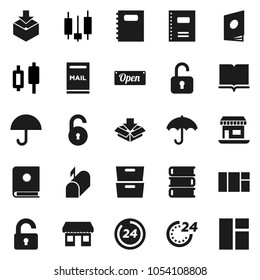 Flat vector icon set - book vector, copybook, archive, japanese candle, office, umbrella, package, unlock, mailbox, open, 24 hour, catalog, window