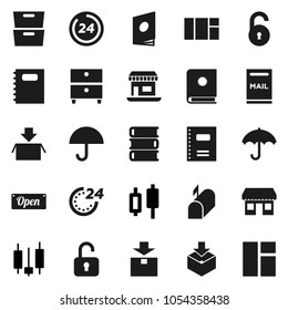 Flat vector icon set - book vector, copybook, archive, japanese candle, office, umbrella, package, unlock, mailbox, open, 24 hour, catalog, window