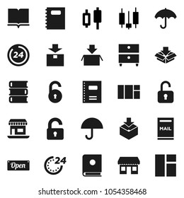 Flat vector icon set - book vector, copybook, archive, japanese candle, office, umbrella, package, unlock, mailbox, open, 24 hour, catalog, window