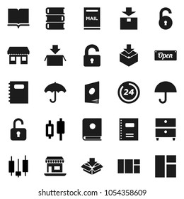Flat vector icon set - book vector, copybook, archive, japanese candle, office, umbrella, package, unlock, mailbox, open, 24 hour, catalog, window