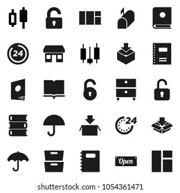 Flat vector icon set - book vector, copybook, archive, japanese candle, office, umbrella, package, unlock, mailbox, open, 24 hour, catalog, window