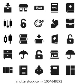 Flat vector icon set - book vector, copybook, archive, japanese candle, office, umbrella, package, unlock, mailbox, open, 24 hour, catalog, window
