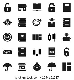 Flat vector icon set - book vector, copybook, archive, japanese candle, office, umbrella, package, unlock, mailbox, open, 24 hour, catalog, window