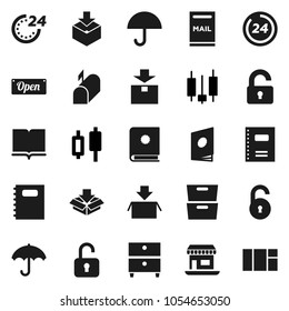 Flat vector icon set - book vector, copybook, archive, japanese candle, office, umbrella, package, unlock, mailbox, open, 24 hour, catalog, window
