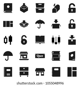 Flat vector icon set - book vector, copybook, archive, japanese candle, office, umbrella, package, unlock, mailbox, open, catalog, window