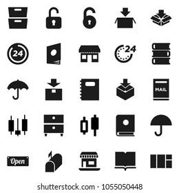 Flat vector icon set - book vector, copybook, archive, japanese candle, office, umbrella, package, unlock, mailbox, open, 24 hour, catalog, window