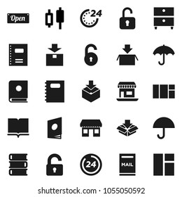 Flat vector icon set - book vector, copybook, archive, japanese candle, office, umbrella, package, unlock, mailbox, open, 24 hour, catalog, window