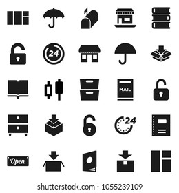 Flat vector icon set - book vector, copybook, archive, japanese candle, office, umbrella, package, unlock, mailbox, open, 24 hour, catalog, window