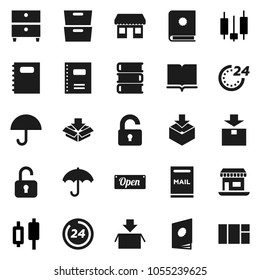 Flat vector icon set - book vector, copybook, archive, japanese candle, office, umbrella, package, mailbox, unlock, open, 24 hour, catalog, window