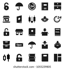 Flat vector icon set - book vector, copybook, archive, japanese candle, office, umbrella, package, unlock, mailbox, open, 24 hour, catalog, window