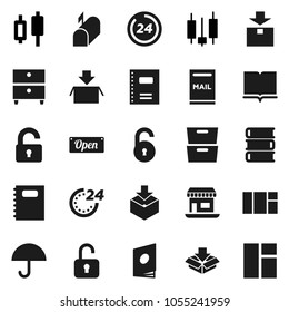 Flat vector icon set - book vector, copybook, archive, japanese candle, office, umbrella, package, unlock, mailbox, open, 24 hour, catalog, window