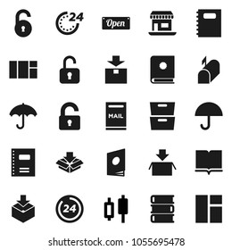 Flat vector icon set - book vector, copybook, archive, japanese candle, office, umbrella, package, unlock, mailbox, open, 24 hour, catalog, window