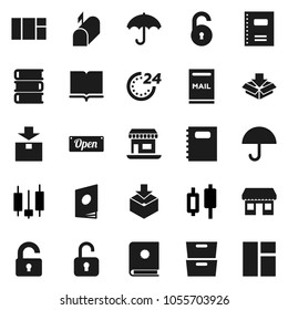 Flat vector icon set - book vector, copybook, archive, japanese candle, office, umbrella, package, unlock, mailbox, open, 24 hour, catalog, window