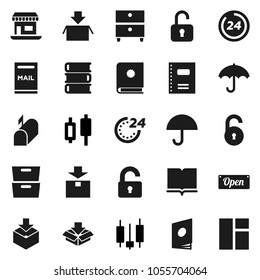 Flat vector icon set - book vector, copybook, archive, japanese candle, office, umbrella, package, unlock, mailbox, open, 24 hour, catalog, window