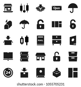 Flat vector icon set - book vector, archive, japanese candle, office, umbrella, package, unlock, mailbox, open, 24 hour, catalog, window