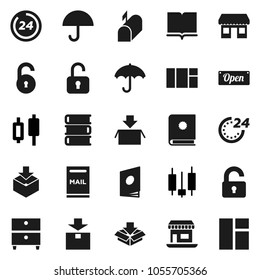 Flat vector icon set - book vector, archive, japanese candle, office, umbrella, package, unlock, mailbox, open, 24 hour, catalog, window