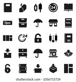 Flat vector icon set - book vector, copybook, archive, japanese candle, office, umbrella, package, unlock, mailbox, open, 24 hour, window