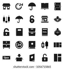 Flat vector icon set - book vector, copybook, archive, japanese candle, office, umbrella, package, unlock, mailbox, open, 24 hour, catalog, window