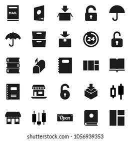 Flat vector icon set - book vector, copybook, archive, japanese candle, office, umbrella, package, unlock, mailbox, open, 24 hour, catalog, window