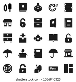 Flat vector icon set - book vector, copybook, archive, japanese candle, office, umbrella, package, unlock, mailbox, open, 24 hour, catalog, window