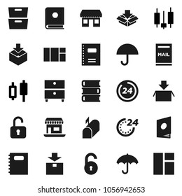 Flat vector icon set - book vector, copybook, archive, japanese candle, office, umbrella, package, unlock, mailbox, 24 hour, catalog, window