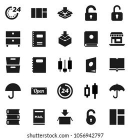 Flat vector icon set - book vector, copybook, archive, japanese candle, office, umbrella, package, unlock, mailbox, open, 24 hour, catalog, window