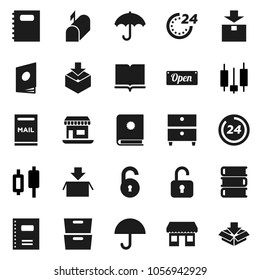 Flat vector icon set - book vector, copybook, archive, japanese candle, office, umbrella, package, unlock, mailbox, open, 24 hour, catalog