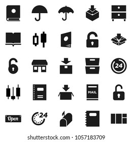 Flat vector icon set - book vector, copybook, archive, japanese candle, office, umbrella, package, unlock, mailbox, open, 24 hour, catalog, window