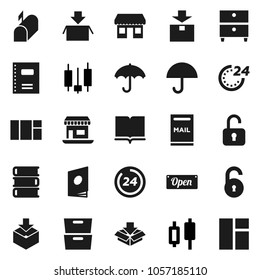 Flat vector icon set - book vector, copybook, archive, japanese candle, office, umbrella, package, unlock, mailbox, open, 24 hour, catalog, window