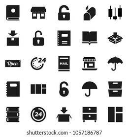 Flat vector icon set - book vector, copybook, archive, japanese candle, office, umbrella, package, unlock, mailbox, open, 24 hour, catalog, window