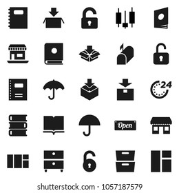 Flat vector icon set - book vector, copybook, archive, japanese candle, office, umbrella, package, unlock, mailbox, open, 24 hour, catalog, window