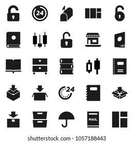 Flat vector icon set - book vector, copybook, archive, japanese candle, office, umbrella, package, unlock, mailbox, 24 hour, catalog, window
