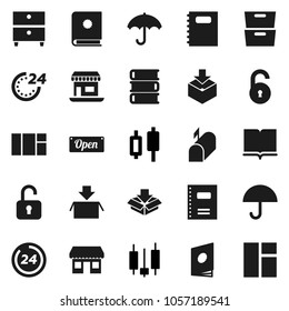 Flat vector icon set - book vector, copybook, archive, japanese candle, office, umbrella, package, unlock, mailbox, open, 24 hour, catalog, window