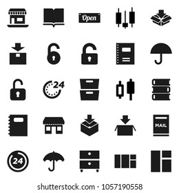 Flat vector icon set - book vector, copybook, archive, japanese candle, office, umbrella, package, unlock, mailbox, open, 24 hour, window