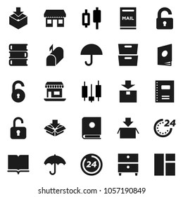 Flat vector icon set - book vector, copybook, archive, japanese candle, office, umbrella, package, unlock, mailbox, 24 hour, catalog, window