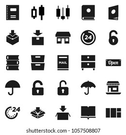 Flat vector icon set - book vector, copybook, archive, japanese candle, office, umbrella, package, unlock, mailbox, open, 24 hour, catalog, window