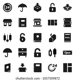 Flat vector icon set - book vector, copybook, archive, japanese candle, office, umbrella, package, unlock, mailbox, open, 24 hour, catalog, window