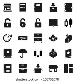 Flat vector icon set - book vector, copybook, archive, japanese candle, office, umbrella, package, unlock, mailbox, open, 24 hour, catalog, window