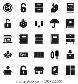 Flat vector icon set - book vector, copybook, archive, japanese candle, office, umbrella, package, unlock, mailbox, open, 24 hour, catalog, window