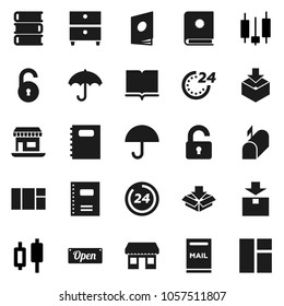 Flat vector icon set - book vector, copybook, archive, japanese candle, office, umbrella, package, unlock, mailbox, open, 24 hour, catalog, window