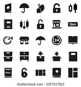 Flat vector icon set - book vector, copybook, archive, japanese candle, office, umbrella, package, unlock, mailbox, open, 24 hour, catalog, window