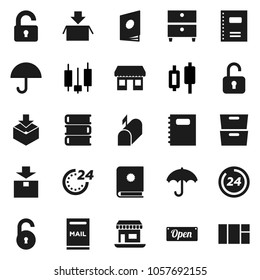 Flat vector icon set - book vector, copybook, archive, japanese candle, office, umbrella, package, unlock, mailbox, open, 24 hour, catalog, window